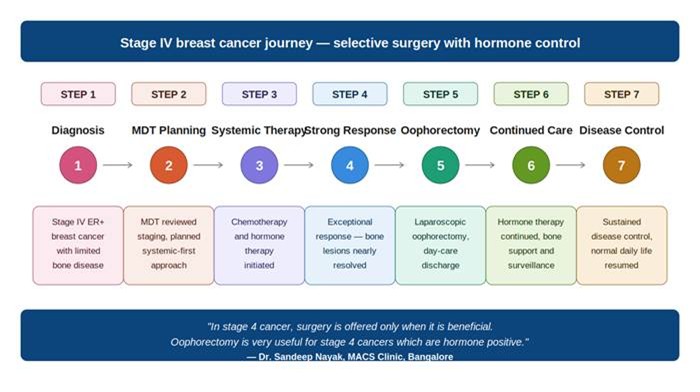 infographic of stage iv breast cancer journey with seven steps labeled from diagnosis to disease control, each step described in colored boxes.
