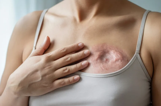 Close-up of a person touching a healing mastectomy scar on the chest.