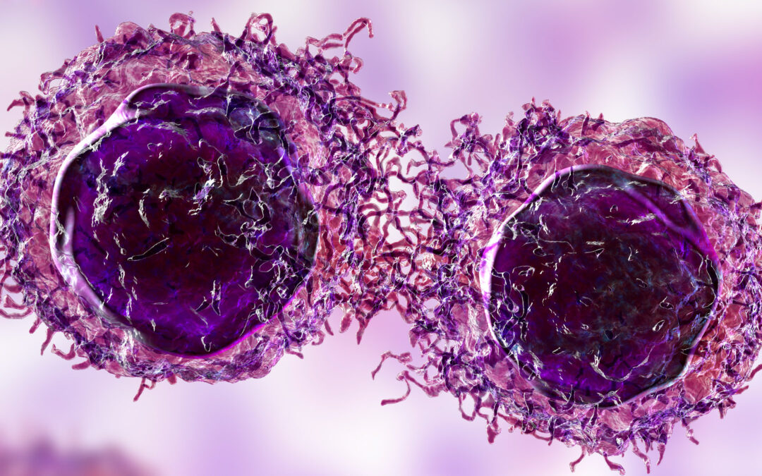 Abstract microscopic scene of two purple cells with filamentous projections against a pink background.