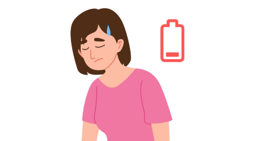 Tired woman in a pink shirt with a sweat drop, beside a low-energy battery symbol indicating fatigue or low energy.