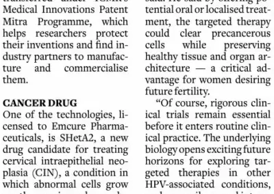 newspaper front-page article about icmr nod for three indigenous drugs, with author byline and dense text columns; a red cell illustration appears on the right.