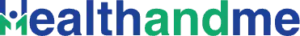 health and me logo featuring a green leaf accent to the left of the blue and teal wordmark.