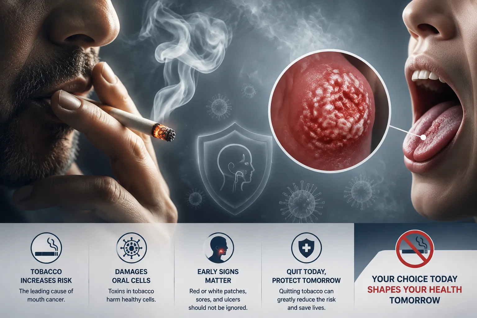 man smoking a cigarette with a magnified view of a severely damaged tongue showing oral cancer; warning banners about tobacco health risks at the bottom.