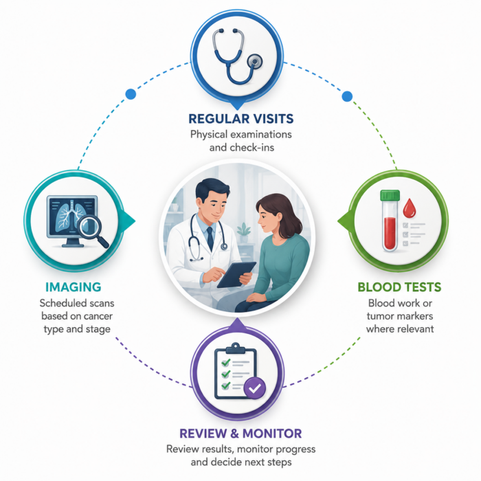 What Should Follow Up Look Like After Clear Margin Surgery Circular health infographWhat Should Follow Up Look Like After Clear Margin Surgeryic showing stages: regular visits, imaging, blood tests, and review & monitor around a doctor and patient center frame