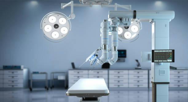 robotic thyroid surgery Modern operating room with robotic-assisted surgical arms above an empty patient table in a sterile setting