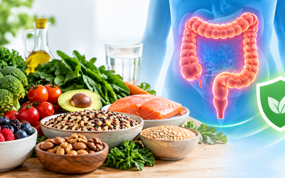 Healthy foods and a highlighted digestive system with a shield symbol, representing gut health and immunity.