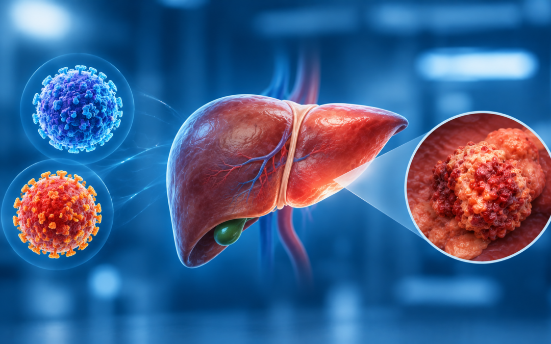 Medical illustration of a liver with a magnified tumor in a circular inset and virus particles in a blue background.
