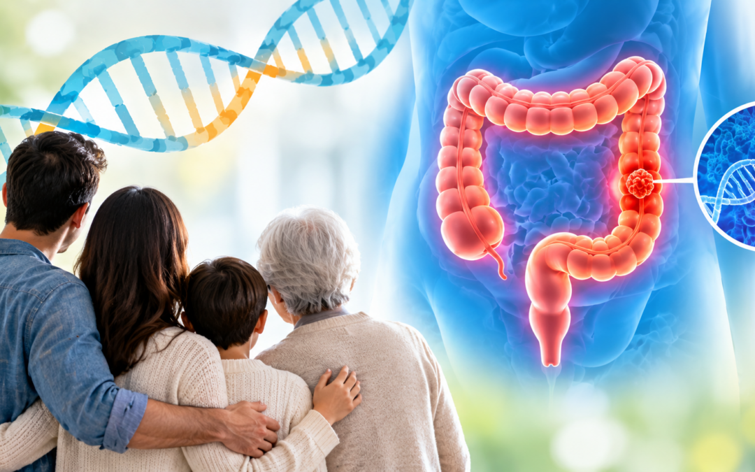 A family of four embracing and looking at a large medical illustration of the digestive system, with a glowing large intestine and a DNA strand with a warning symbol in a circle.