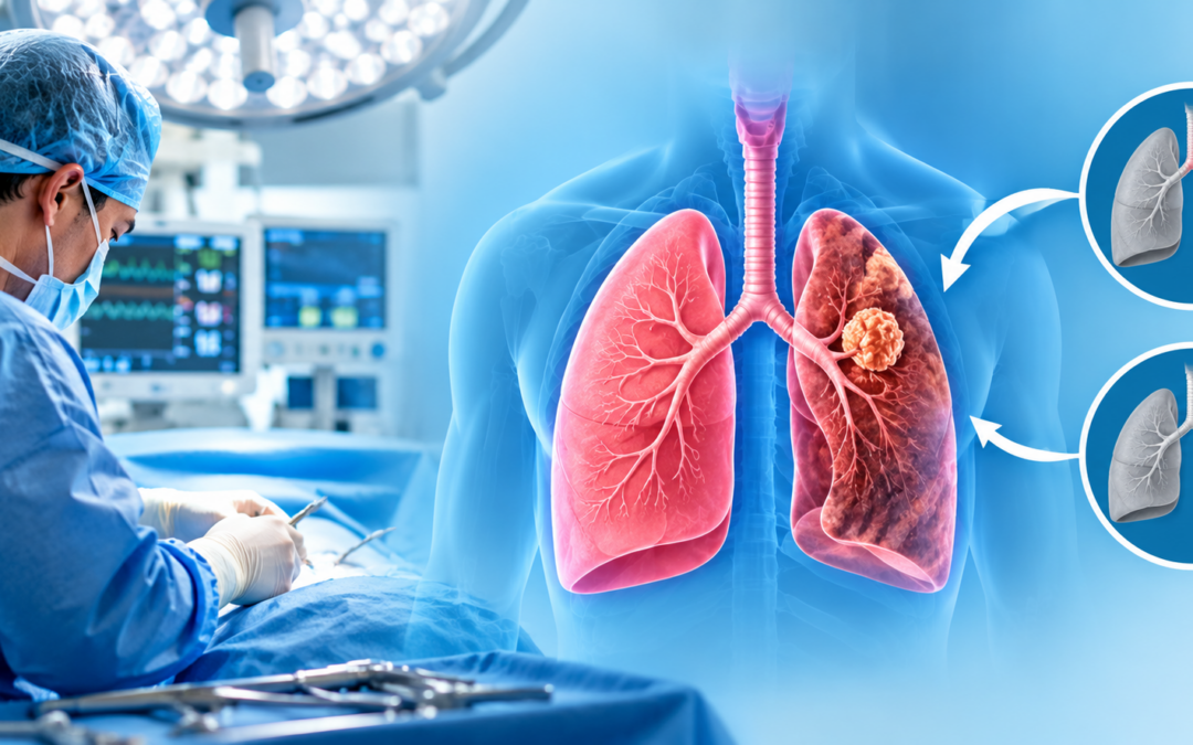 Surgeon at work while a blue overlay shows lungs with a left-lung tumor and two circular inset diagrams explaining the procedure.