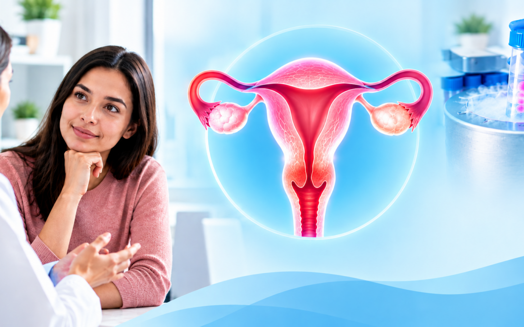 Doctor discusses reproductive health with a patient as a digital uterus model appears between them in a medical consult setting
