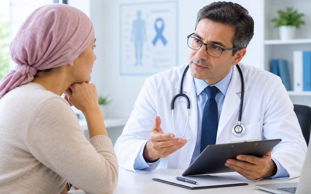 Doctor in white coat consulting a patient woman wearing a pink headscarf in a clinic, discussing with a tablet on the desk