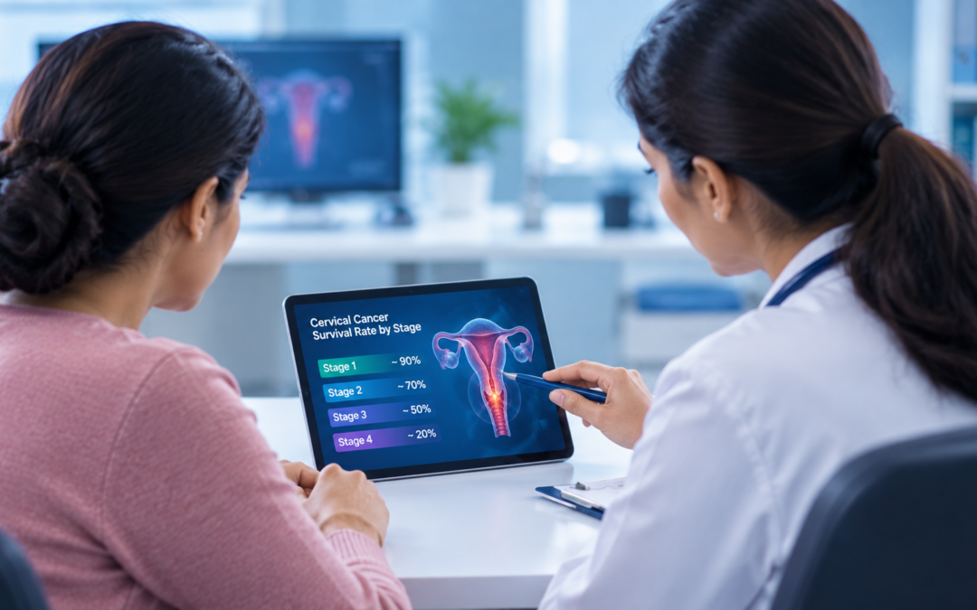 Two women, a patient and a clinician, review a tablet displaying a cervical cancer survival-rate infographic and a 3D uterus illustration.