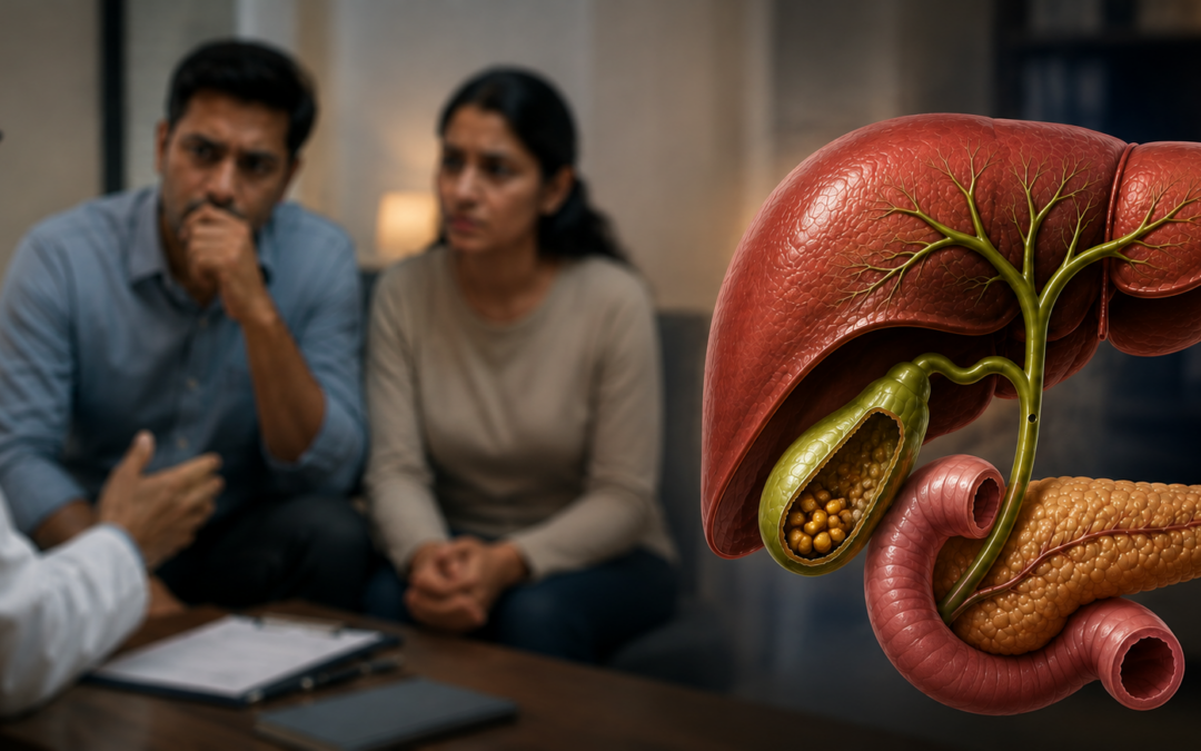 Doctor discussing with a couple; a large 3D liver with bile ducts and a gallbladder full of stones dominates the foreground (medical context).