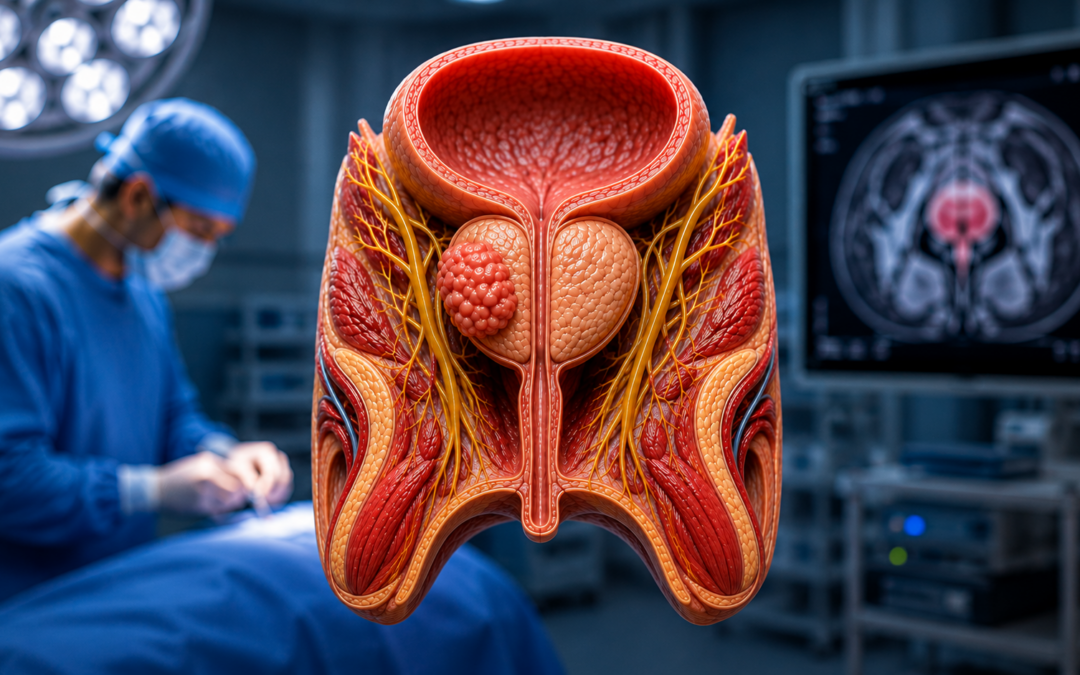 Detailed cross‑section of the head showing brain, nerves, and blood vessels in an operating room setting.