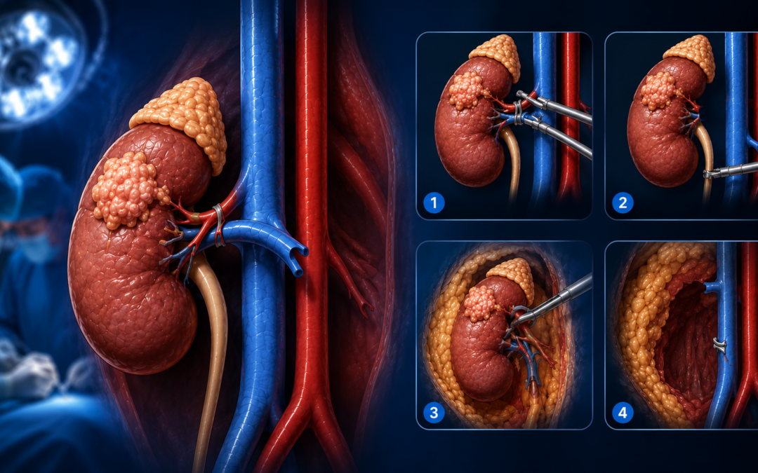 3D medical illustration of a kidney with a large tumor and surrounding arteries; inset panels show steps of vessel clamping during surgery.