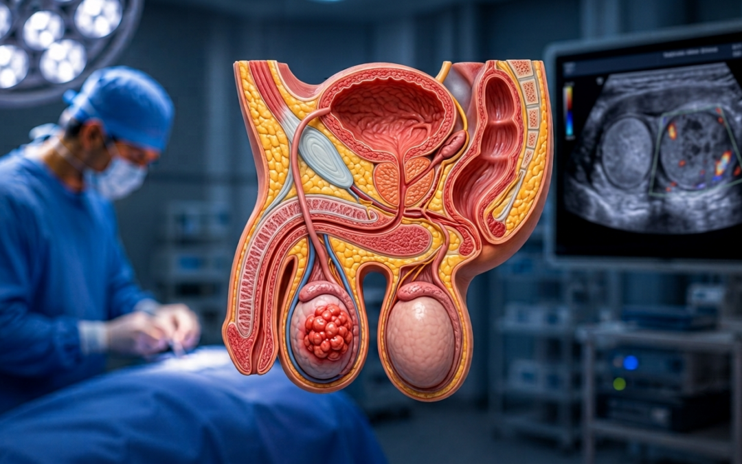 Cross‑sectional model of the male reproductive system over a blurred operating room scene with a surgeon in the background.