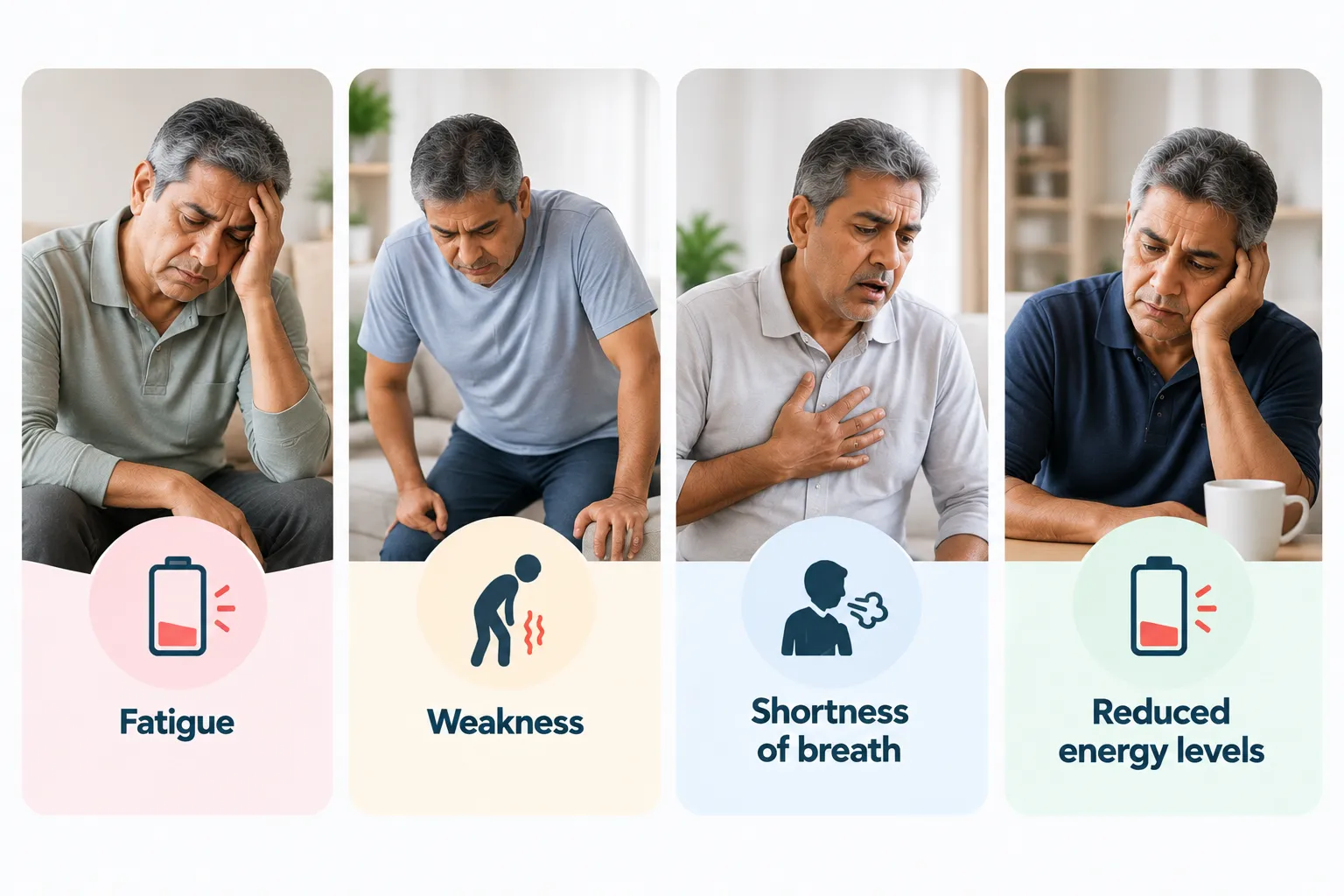 four-panel infographic showing a man with fatigue, weakness, shortness of breath, and reduced energy levels.