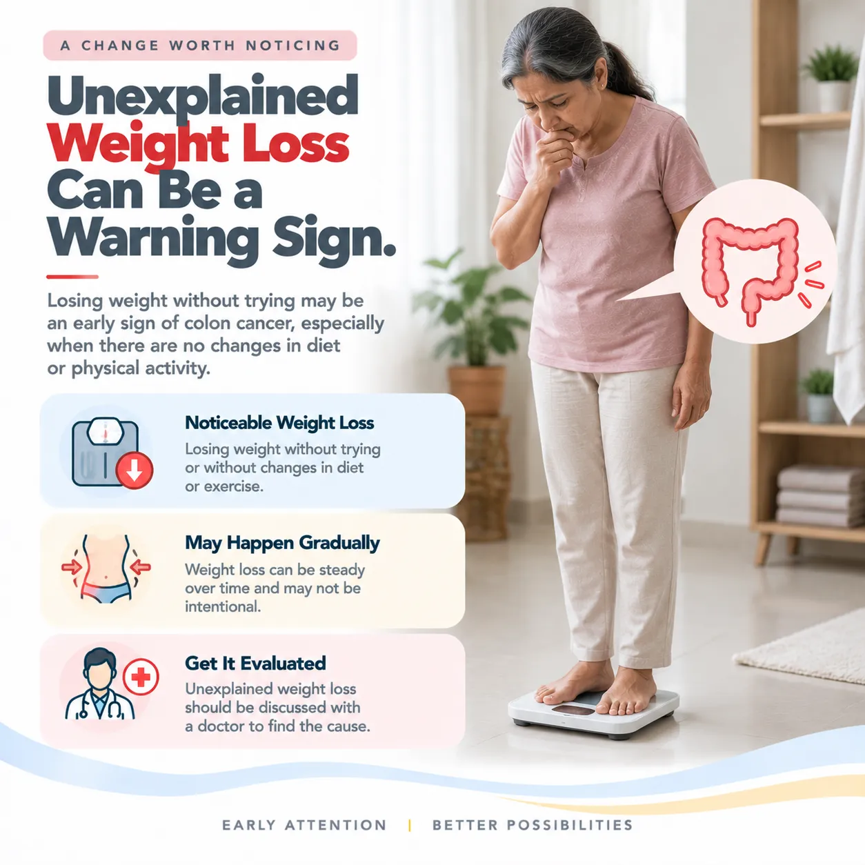 infographic about unexplained weight loss as a warning sign, showing a woman on a scale and bold text titles on the left side.