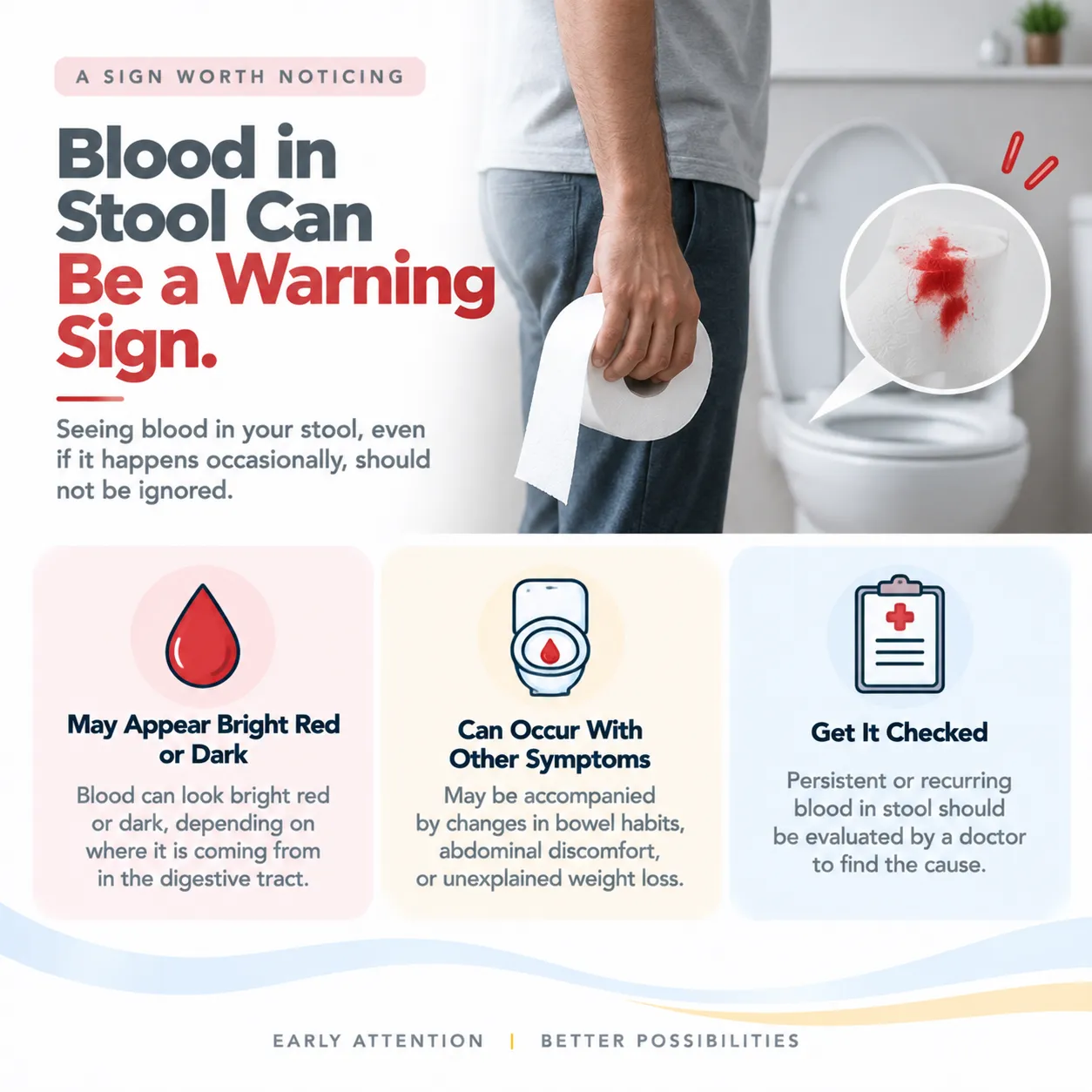 informational banner about blood in stool as a warning sign, noting color can vary and medical advice may be needed, with tips to seek evaluation.