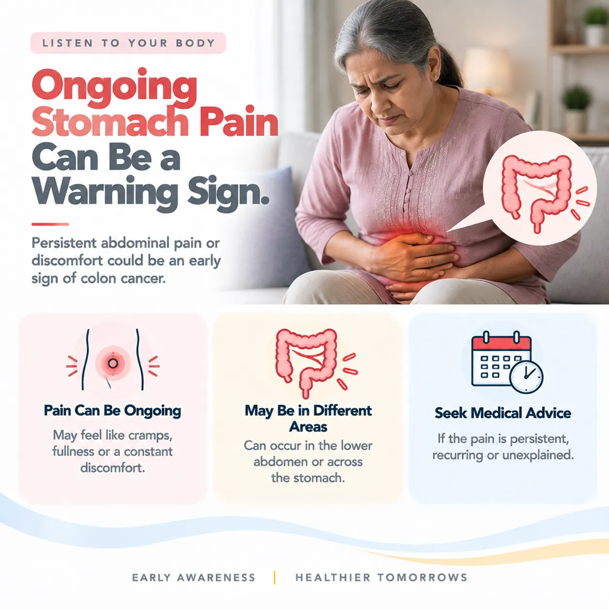 woman holding her stomach as a warning- sign banner about ongoing stomach pain and three tiles on pain persistence, varied locations, and seeking medical advice.