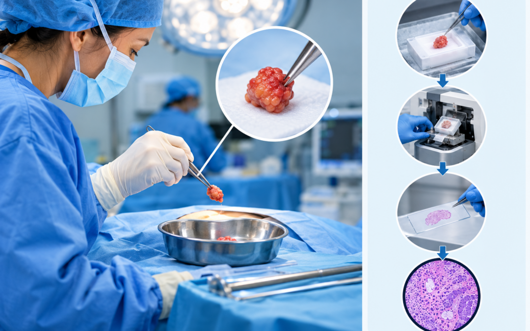 Surgeon in blue scrubs performing a surgical biopsy, placing tissue into a tray; magnified tissue close-up shown in a circle on the left.