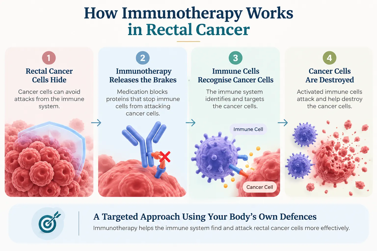 infographic explaining four-step immunotherapy for rectal cancer: cancer cells hide, therapy releases brakes, immune cells recognize cancer, cancer cells are destroyed